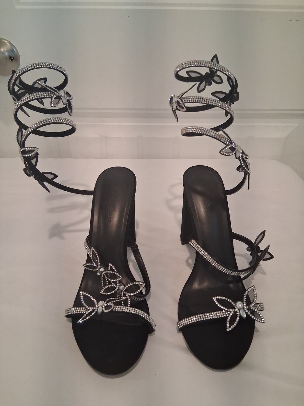 Wild Diva Lounge Morris-581 Black Rhinestone Butterfly Spiral Wrap Block Heels 9